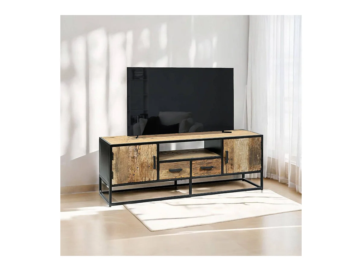 TANETOA - Meuble TV 2 Portes 2 Tiroirs en Teck Recyclé