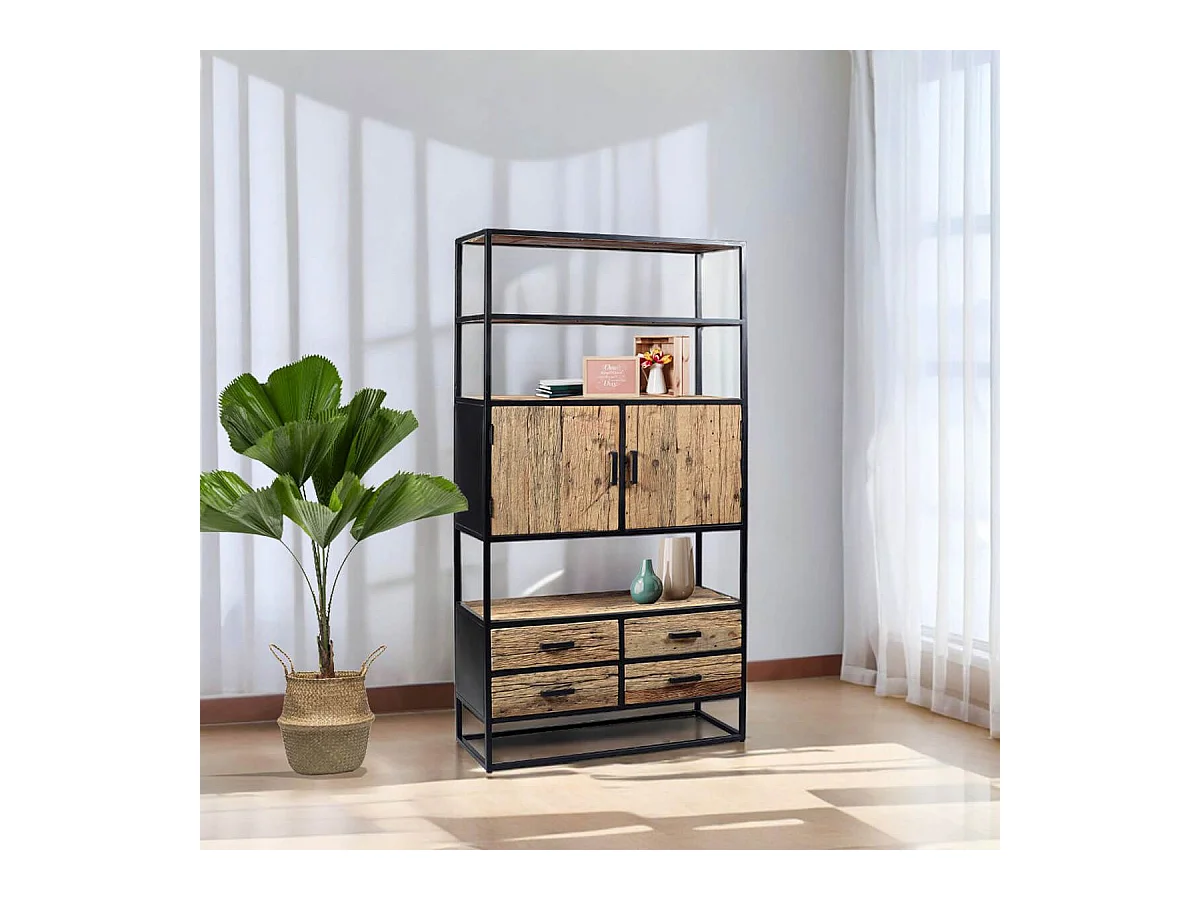 TANETOA - Vaisselier 2 Portes 4 Tiroirs en Teck Recyclé