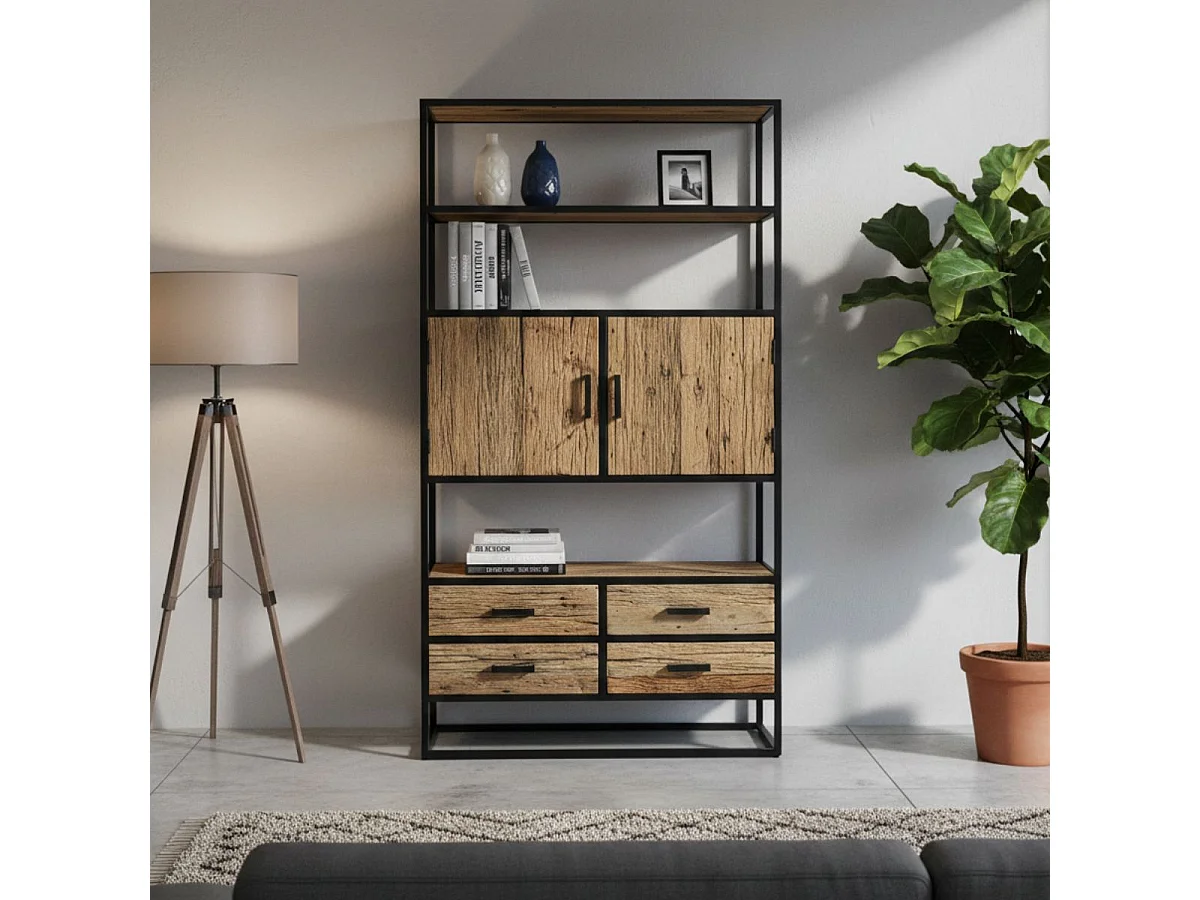 TANETOA - Vaisselier 2 Portes 4 Tiroirs en Teck Recyclé