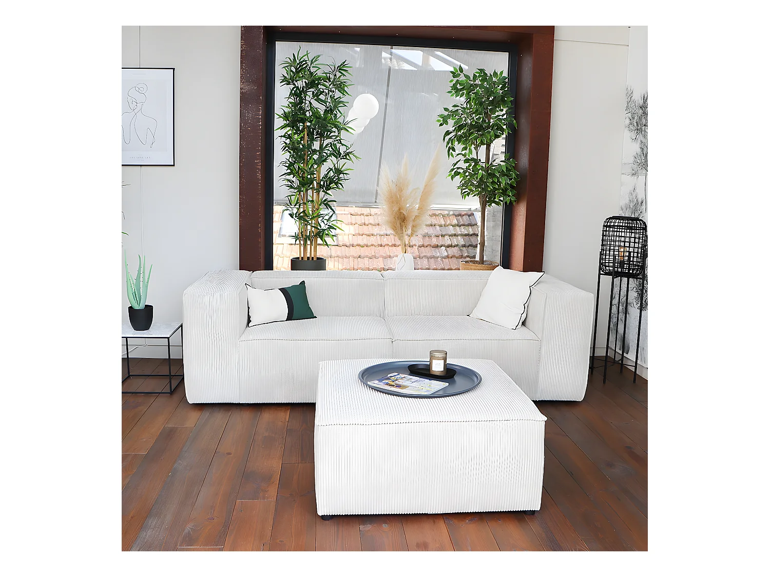 Canapé modulable 3 places avec pouf en velours côtelé beige - Roma - Fabriqué en France