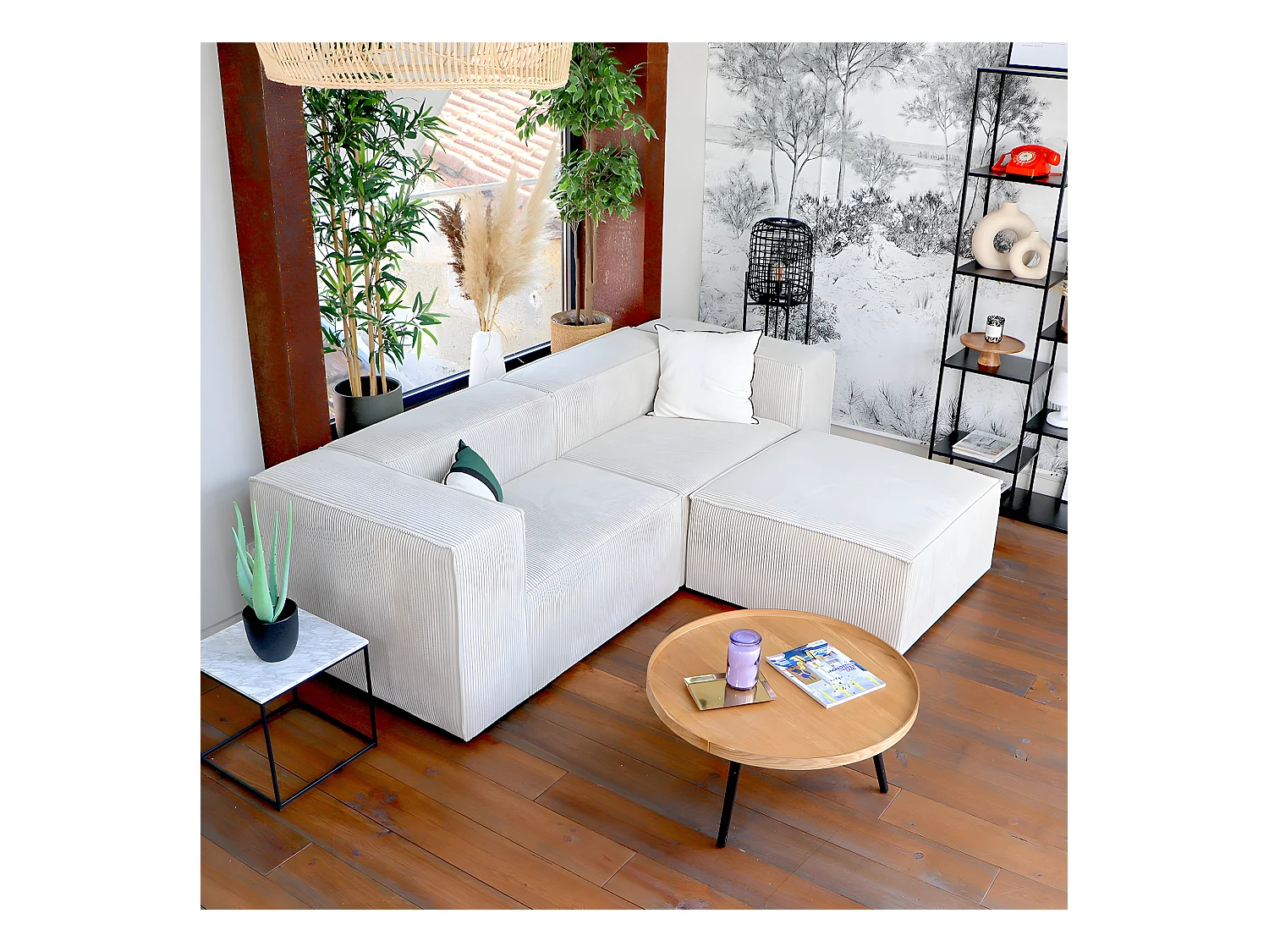 Canapé modulable 3 places avec pouf en velours côtelé beige - Roma - Fabriqué en France