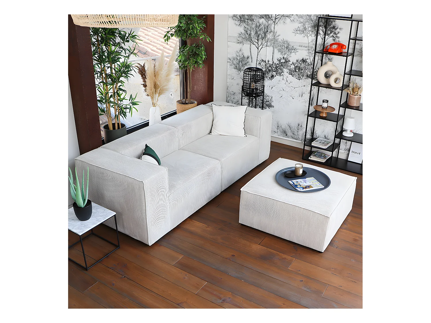 Canapé modulable 3 places avec pouf en velours côtelé beige - Roma - Fabriqué en France