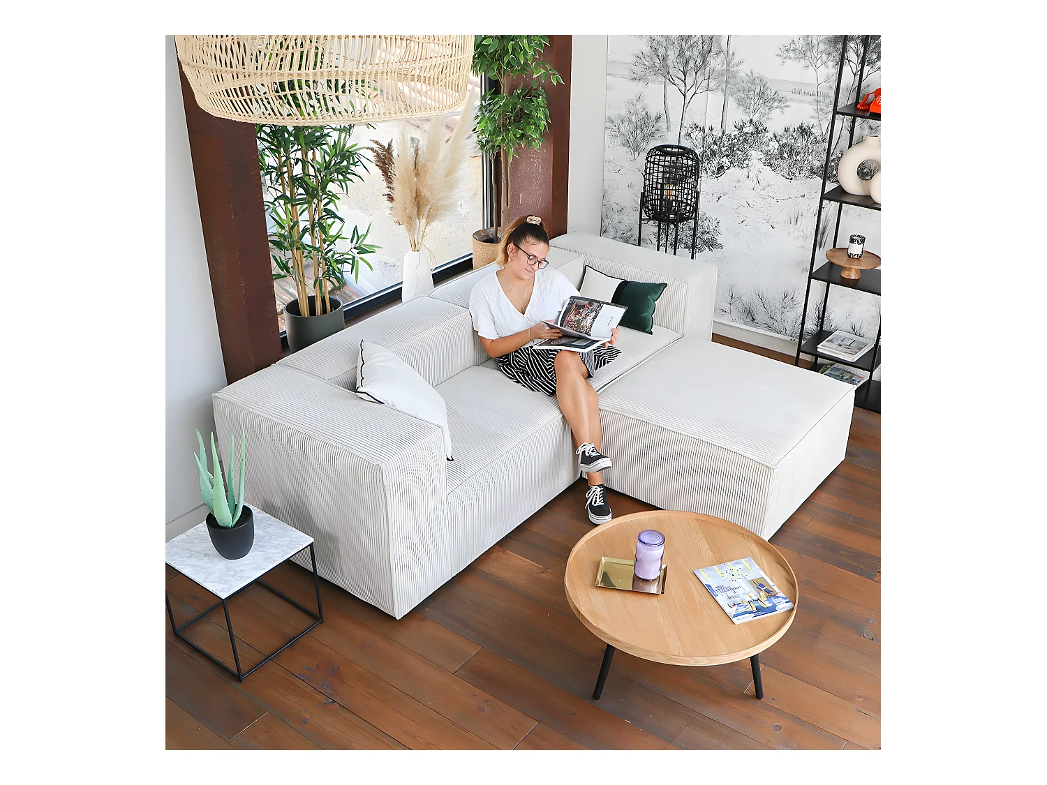 Canapé modulable 3 places avec pouf en velours côtelé beige - Roma - Fabriqué en France
