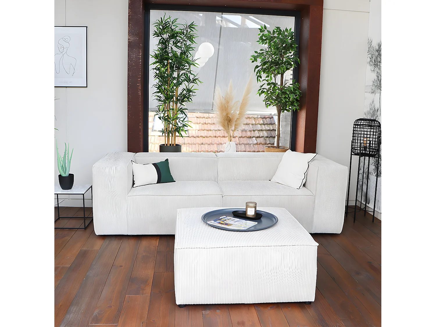 Canapé modulable 3 places avec pouf en velours côtelé beige - Roma - Fabriqué en France