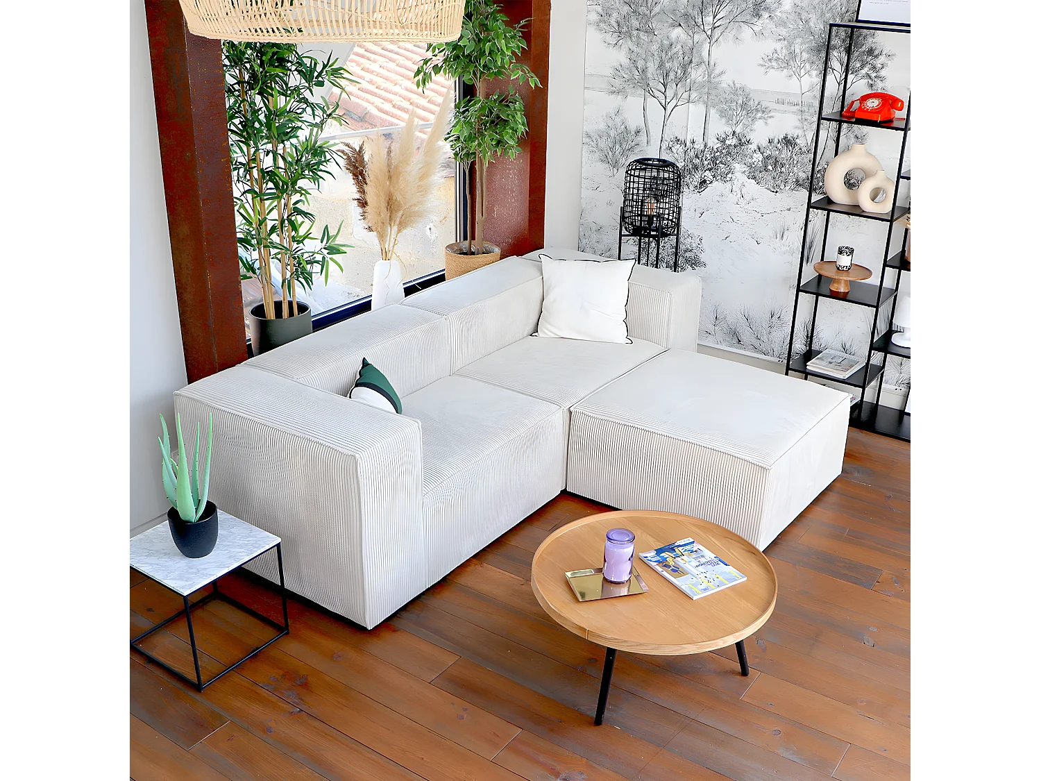 Canapé modulable 3 places avec pouf en velours côtelé beige - Roma - Fabriqué en France