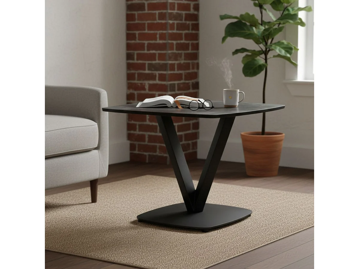 KARU - Table d'Appoint Aspect Céramique Grise Pied Central V