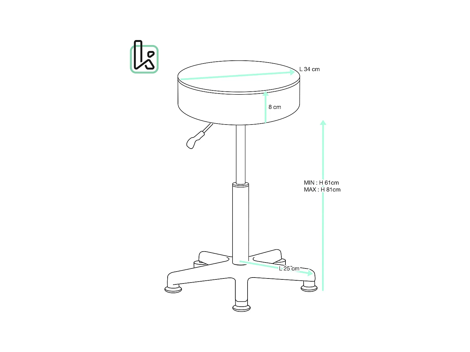 Taburete de trabajo, asiento redondo de cuero sintético acolchado sin respaldo, giratorio, gran altura ajustable de 61 a 81 cm YÉ+ (negro)