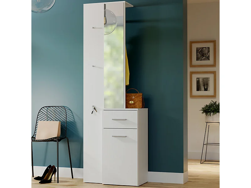 Meuble d'entrée blanc avec miroir et rangements - NINA