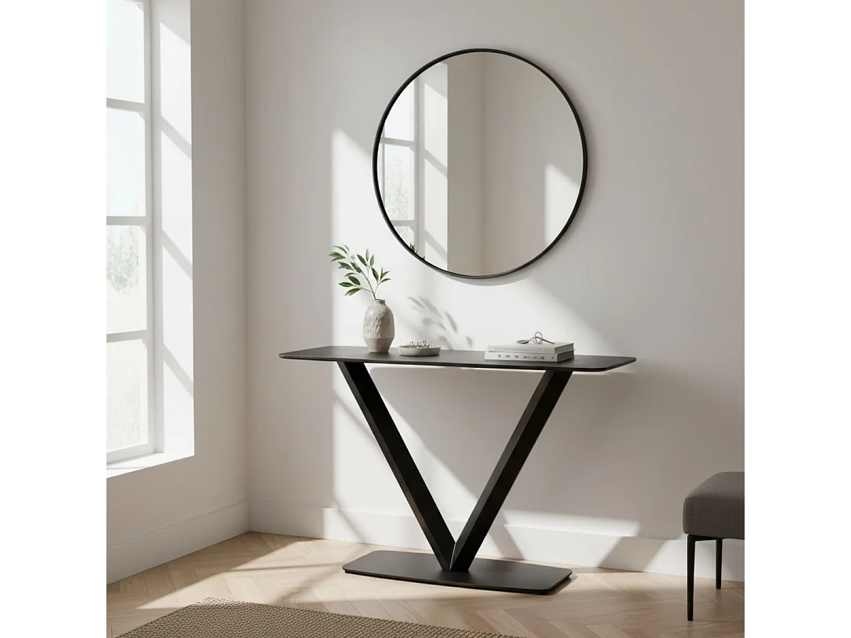 KARU - Console Aspect Céramique Grise Pied Central V