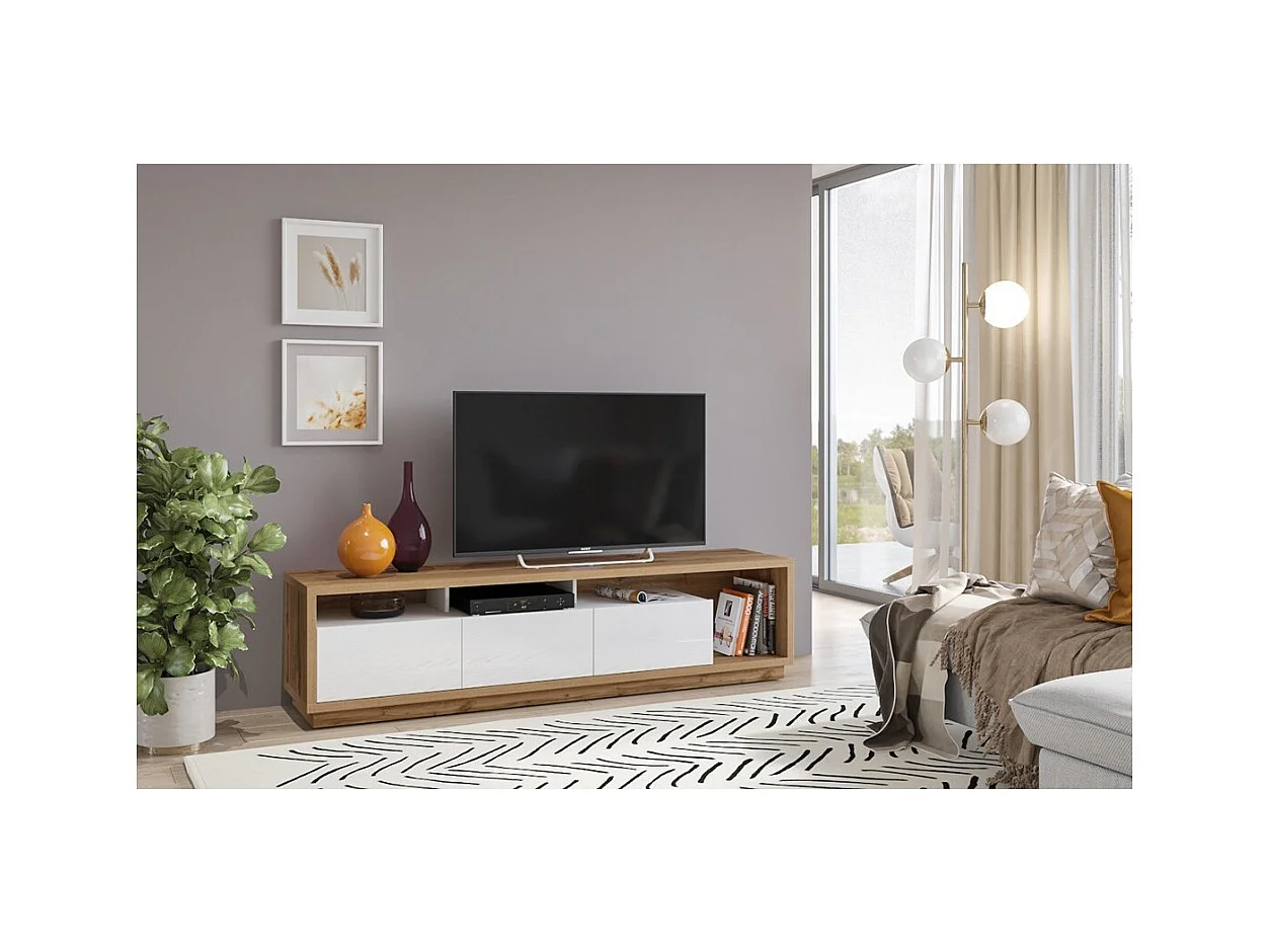 Móvel para TV XL 200cm coleção CLARA. Cor carvalho e branco brilhante.