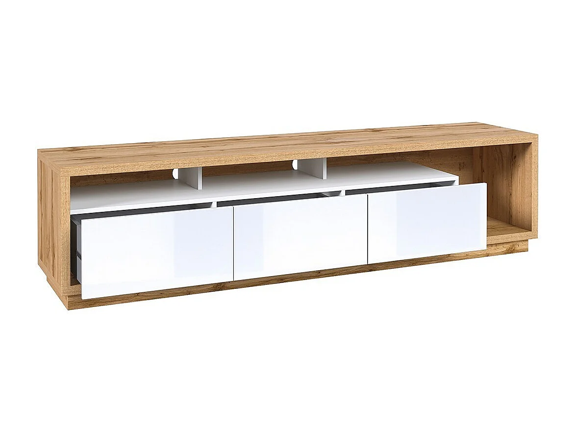 Meuble TV XL 200cm collection CLARA. Couleur chêne et blanc brillant.