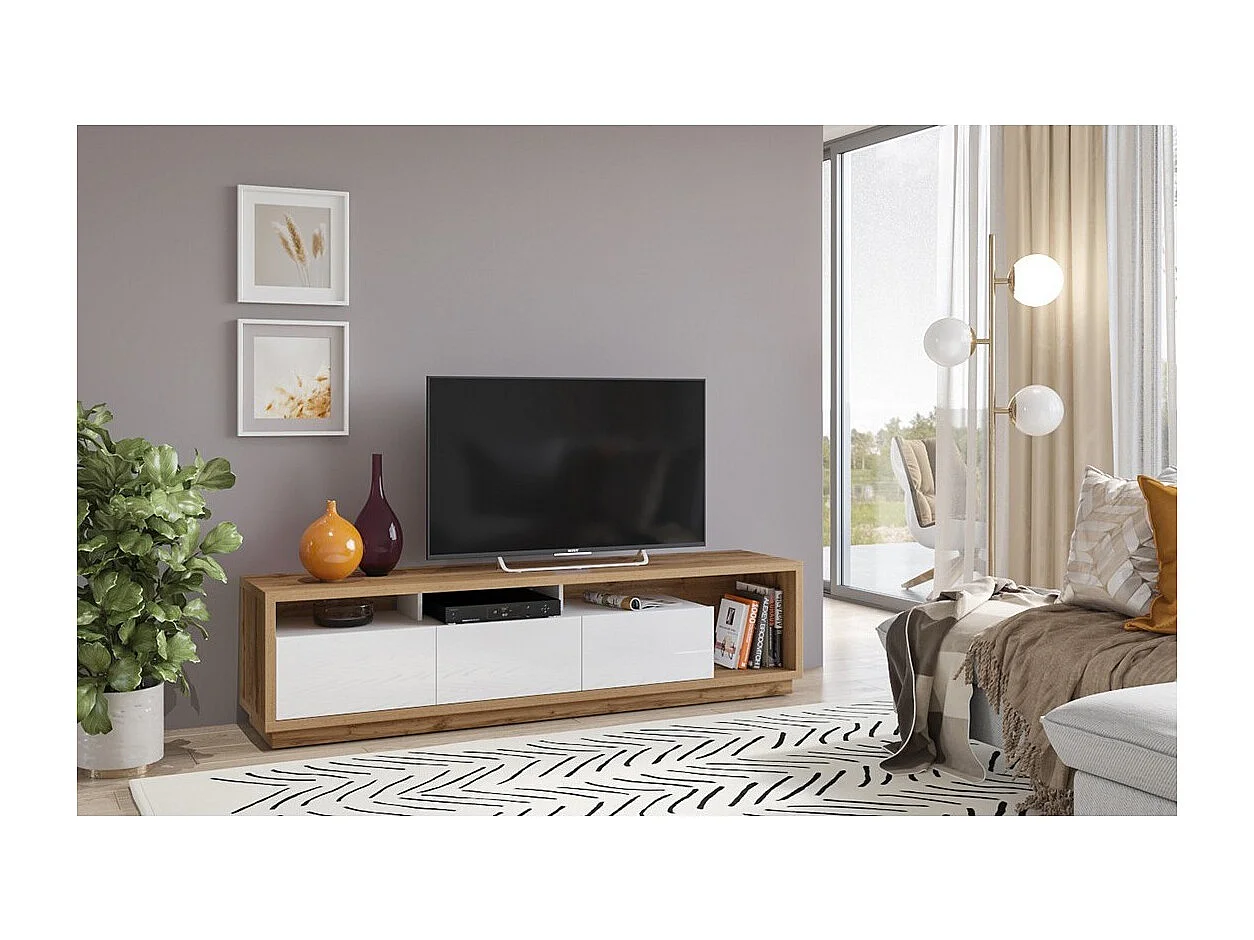 Meuble TV XL 200cm collection CLARA. Couleur chêne et blanc brillant.