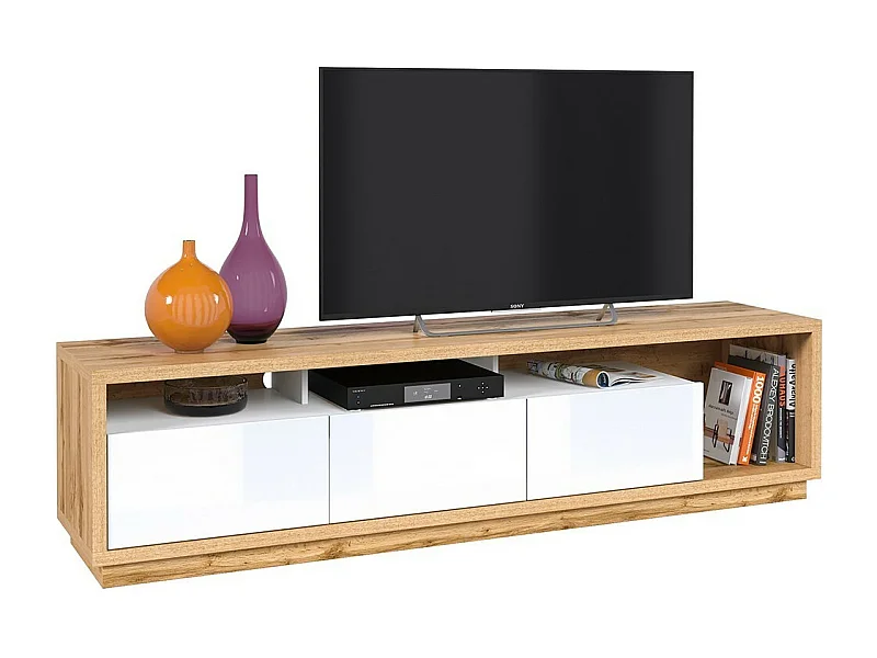 Meuble TV XL 200cm collection CLARA. Couleur chêne et blanc brillant.