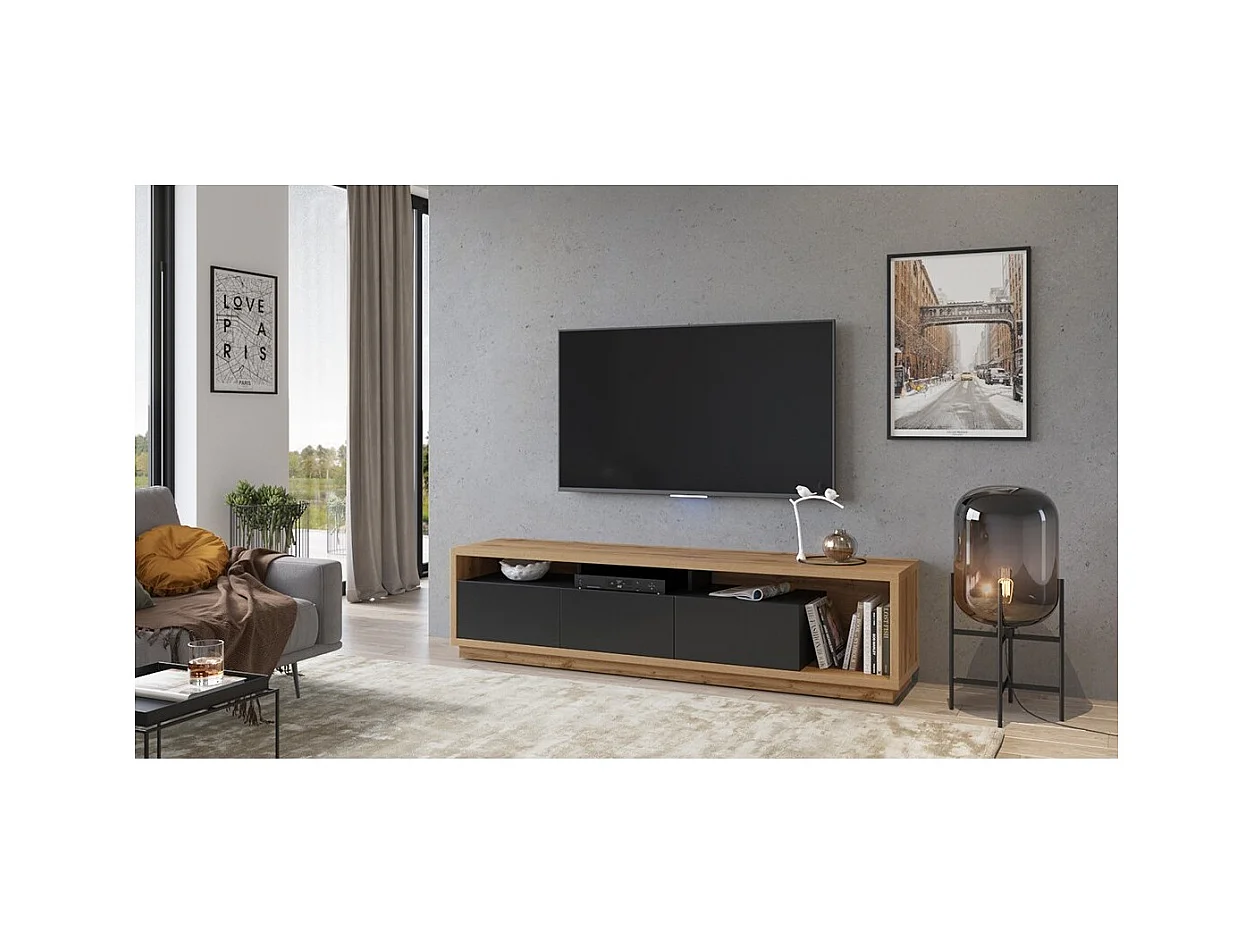 Meuble TV XL 200cm collection CLARA. Couleur chêne et noir mat.