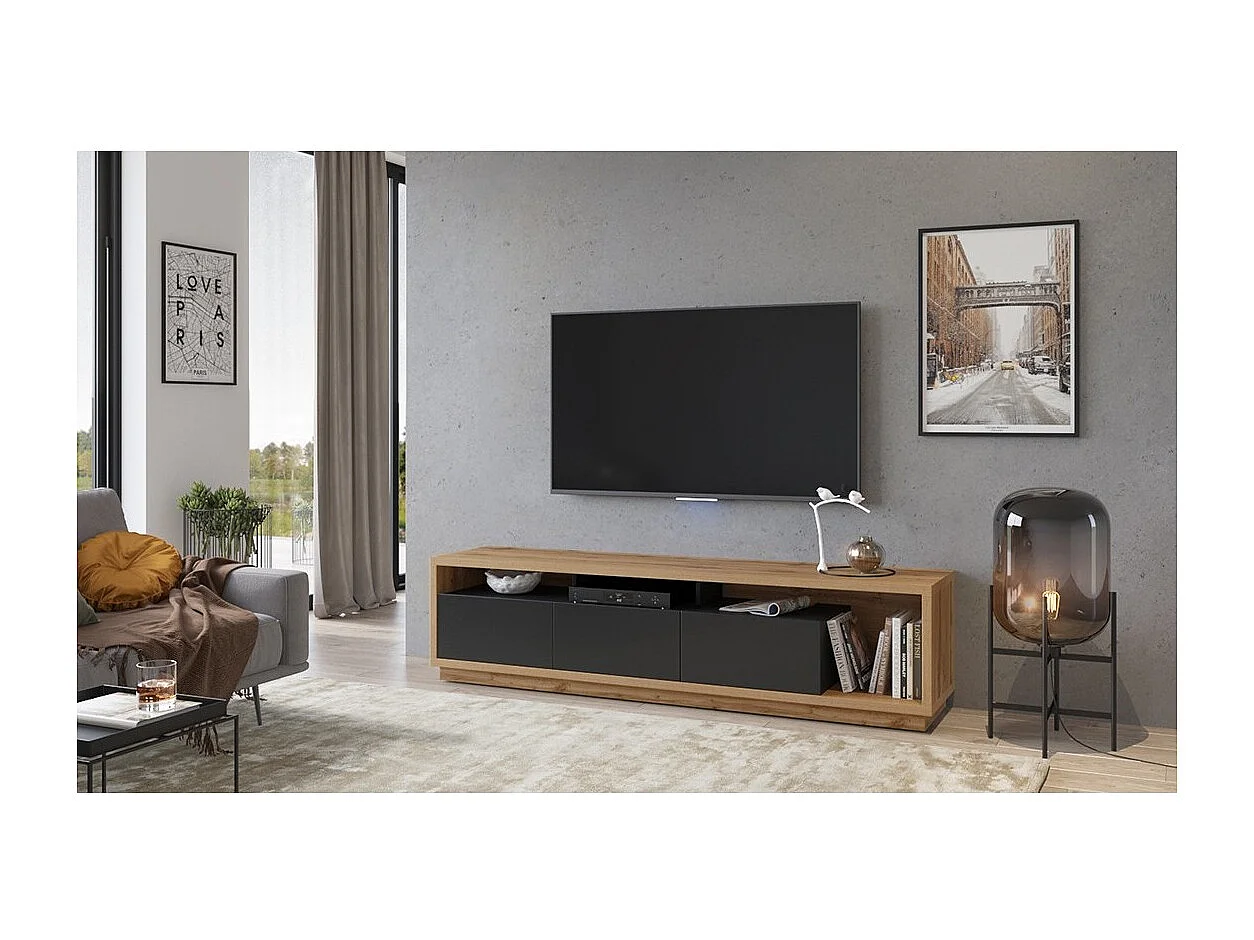 Meuble TV XL 200cm collection CLARA. Couleur chêne et noir mat.