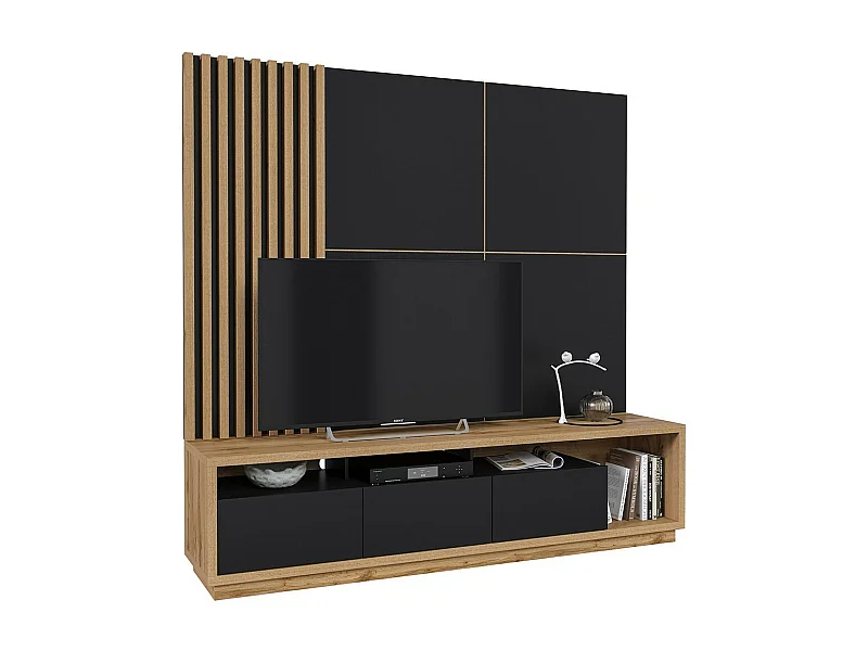 Mobile TV XL con pannello decorativo da parete della collezione CLARA. Colore rovere e nero opaco.