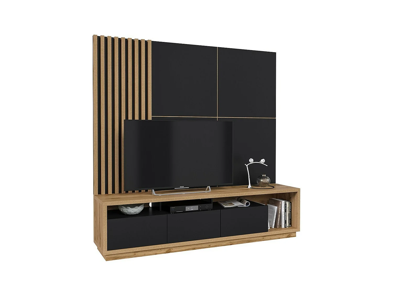 Meuble TV XL avec fond mural décoratif collection CLARA. Couleur chêne et noir mat.