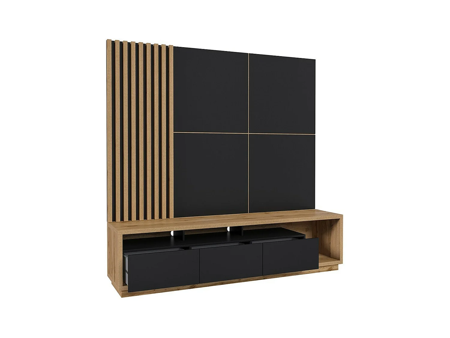 Meuble TV XL avec fond mural décoratif collection CLARA. Couleur chêne et noir mat.