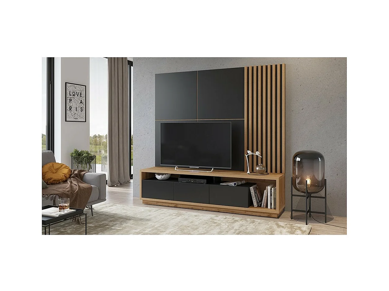 Meuble TV XL avec fond mural décoratif collection CLARA. Couleur chêne et noir mat.