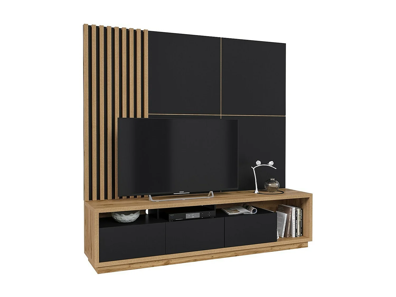 Mobile TV XL con pannello decorativo da parete della collezione CLARA. Colore rovere e nero opaco.