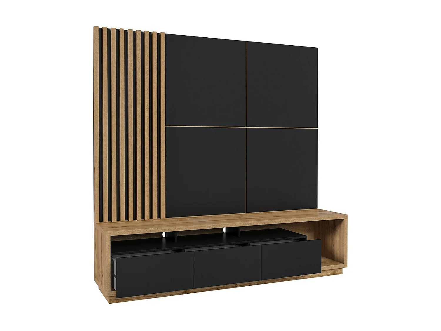 Mobile TV XL con pannello decorativo da parete della collezione CLARA. Colore rovere e nero opaco.