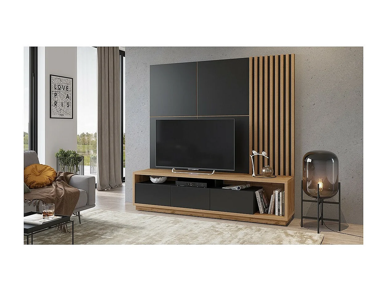 Mobile TV XL con pannello decorativo da parete della collezione CLARA. Colore rovere e nero opaco.