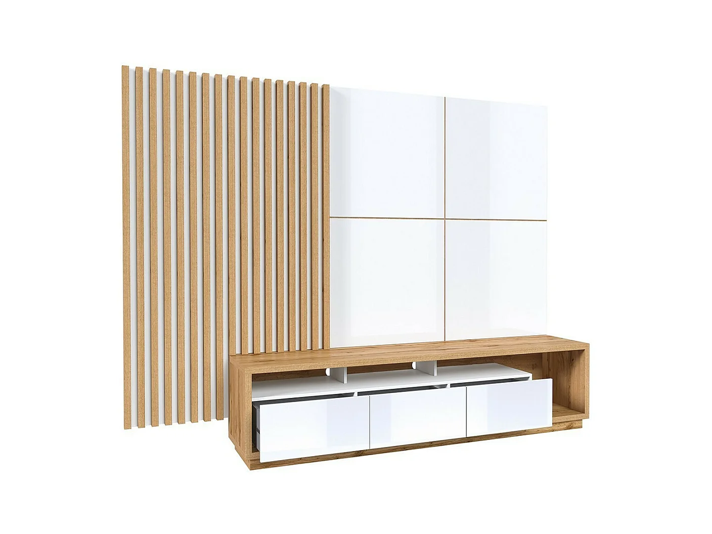 Móvel para TV XL com painel de parede decorativo XL da coleção CLARA. Cor carvalho e branco brilhante.