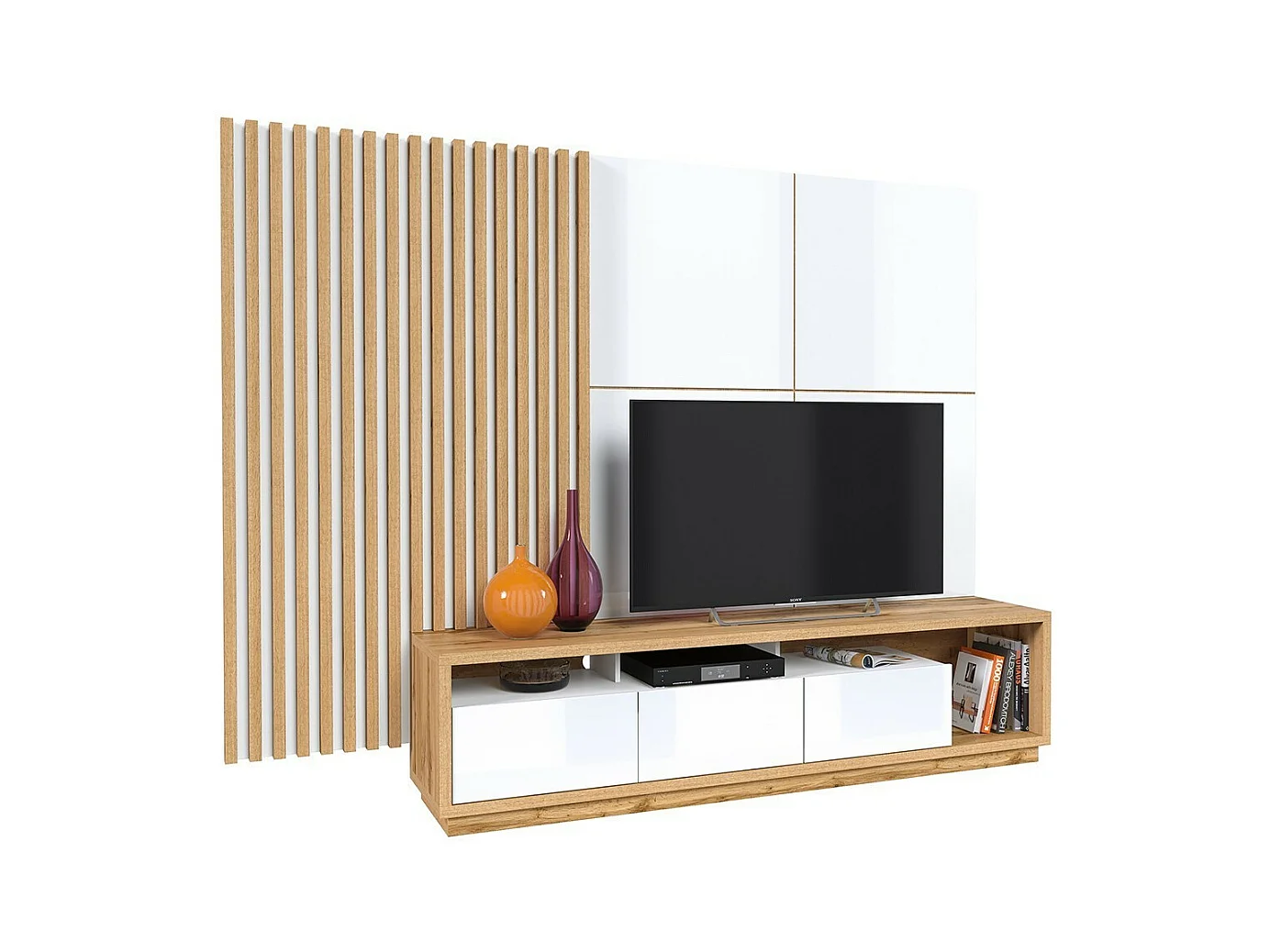 Meuble TV XL avec fond mural décoratif XL collection CLARA. Couleur chêne et blanc brillant.