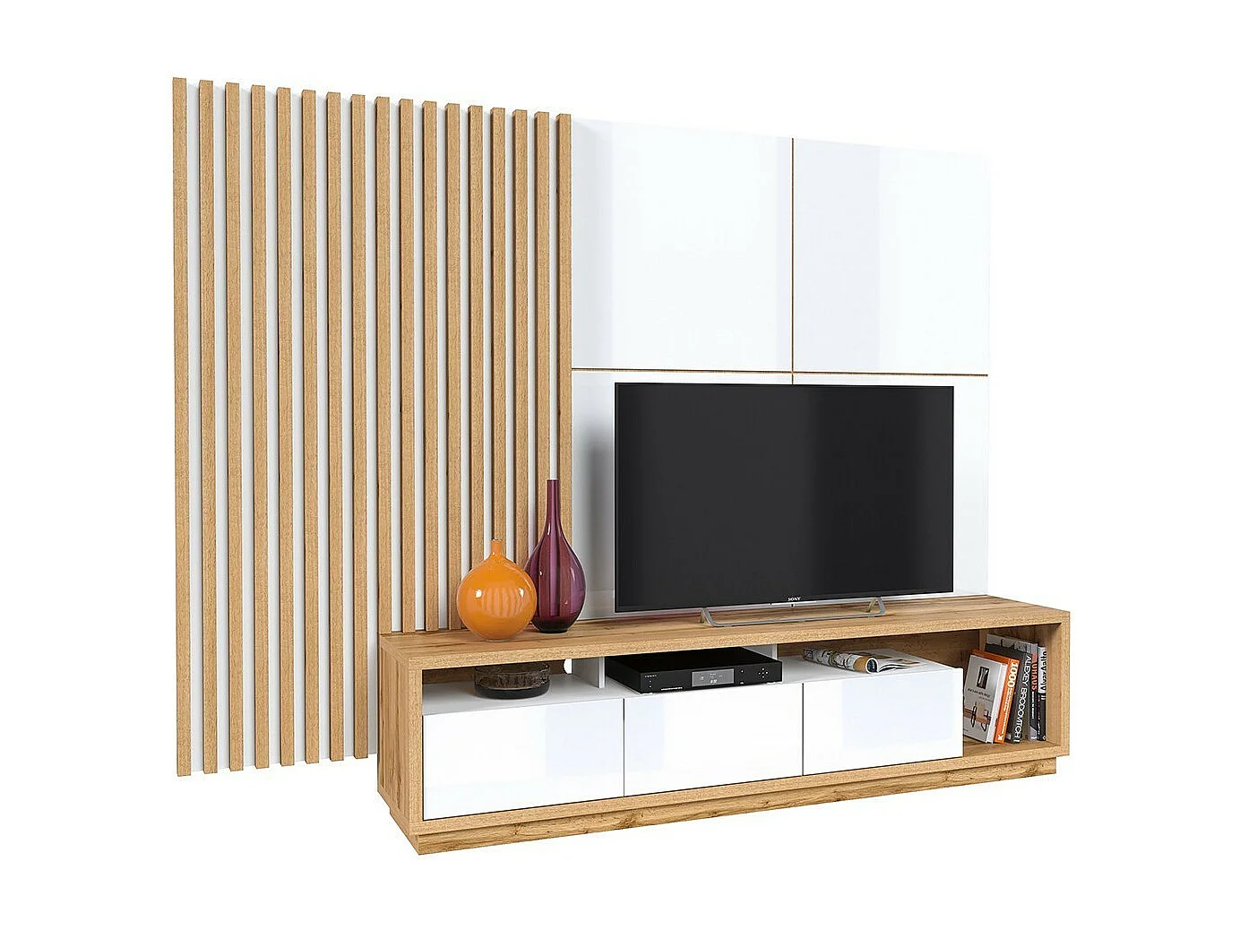 Meuble TV XL avec fond mural décoratif XL collection CLARA. Couleur chêne et blanc brillant.