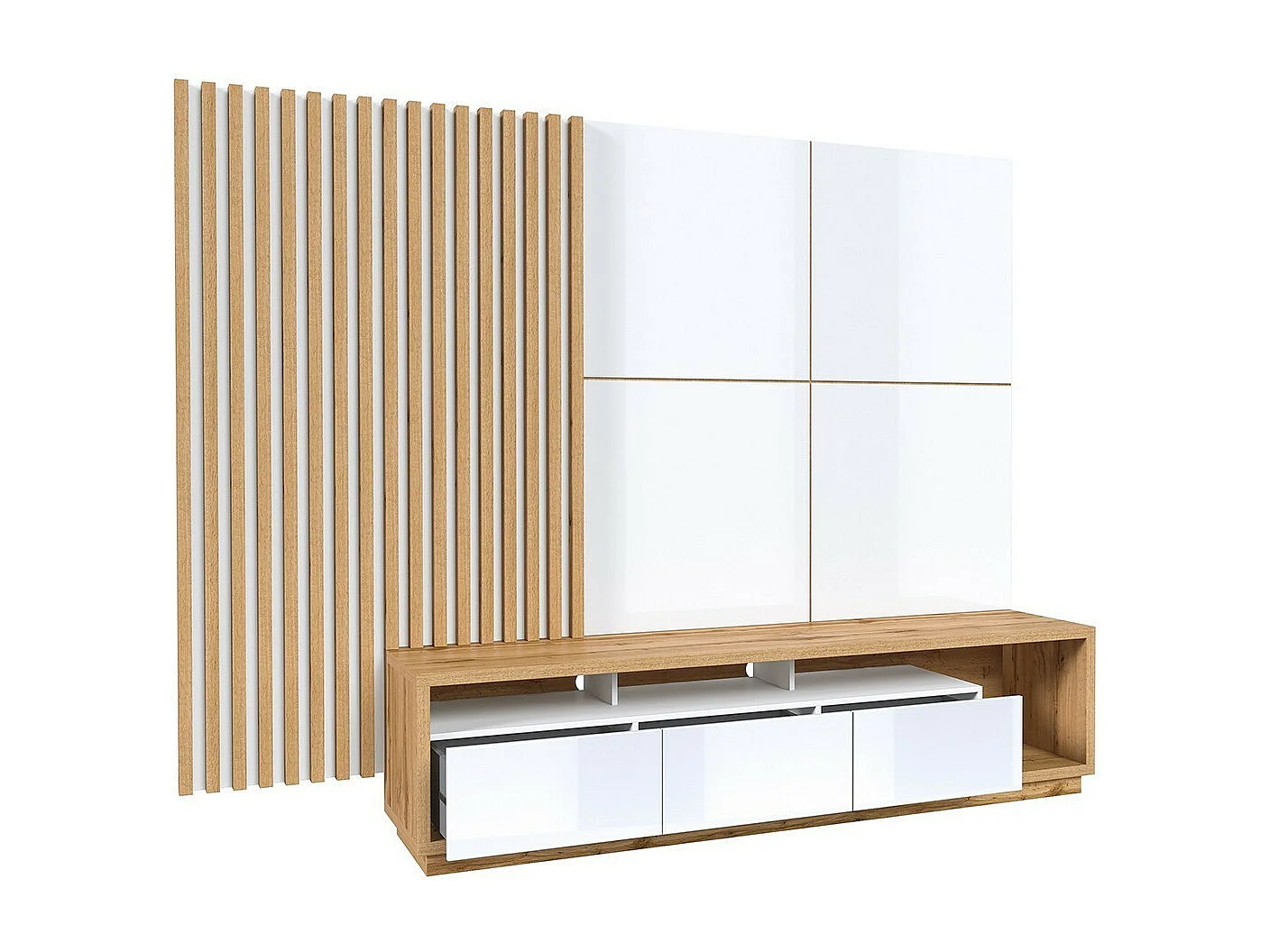 Meuble TV XL avec fond mural décoratif XL collection CLARA. Couleur chêne et blanc brillant.