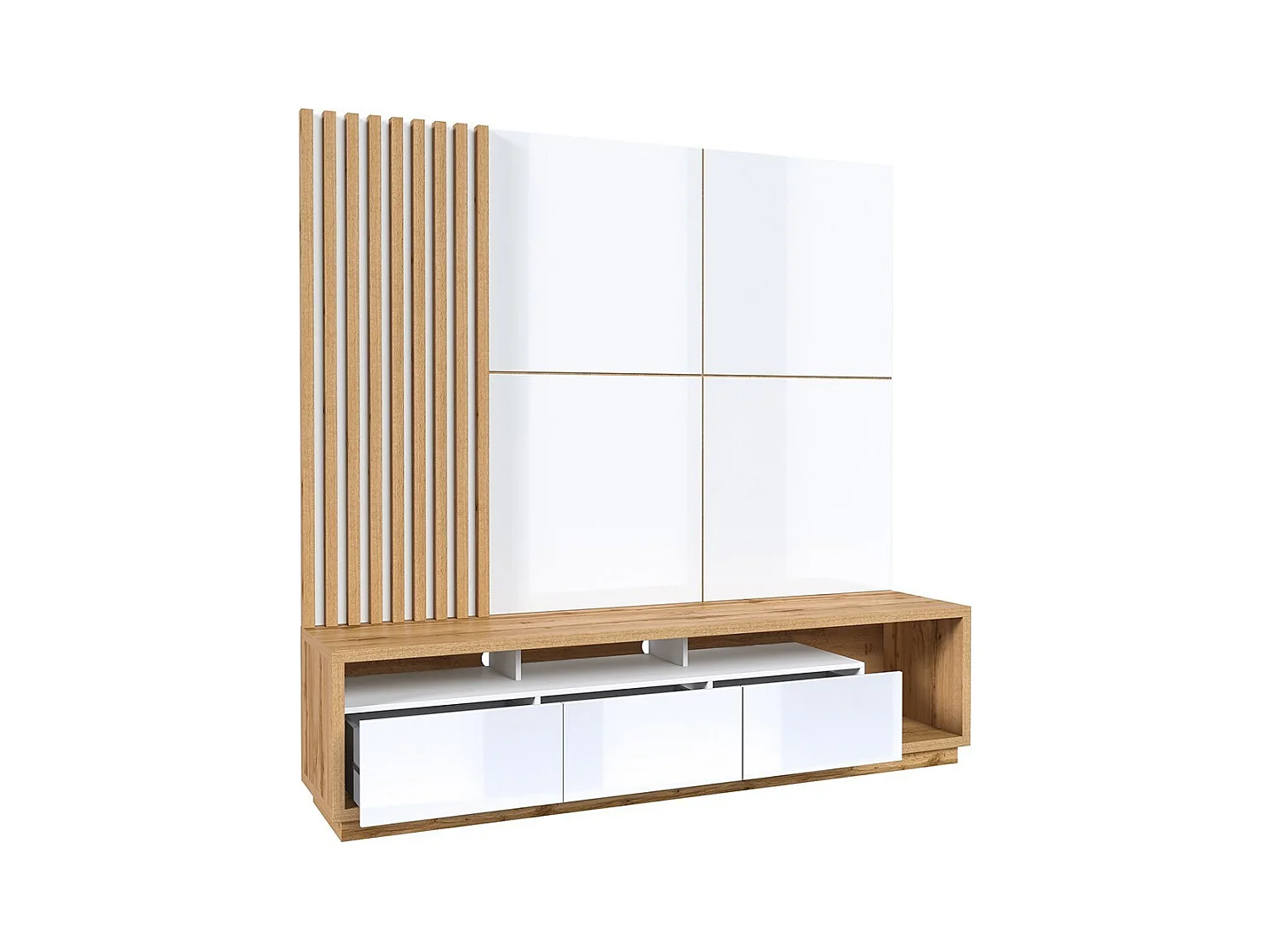 Meuble TV XL avec fond mural décoratif collection CLARA. Couleur chêne et blanc brillant.