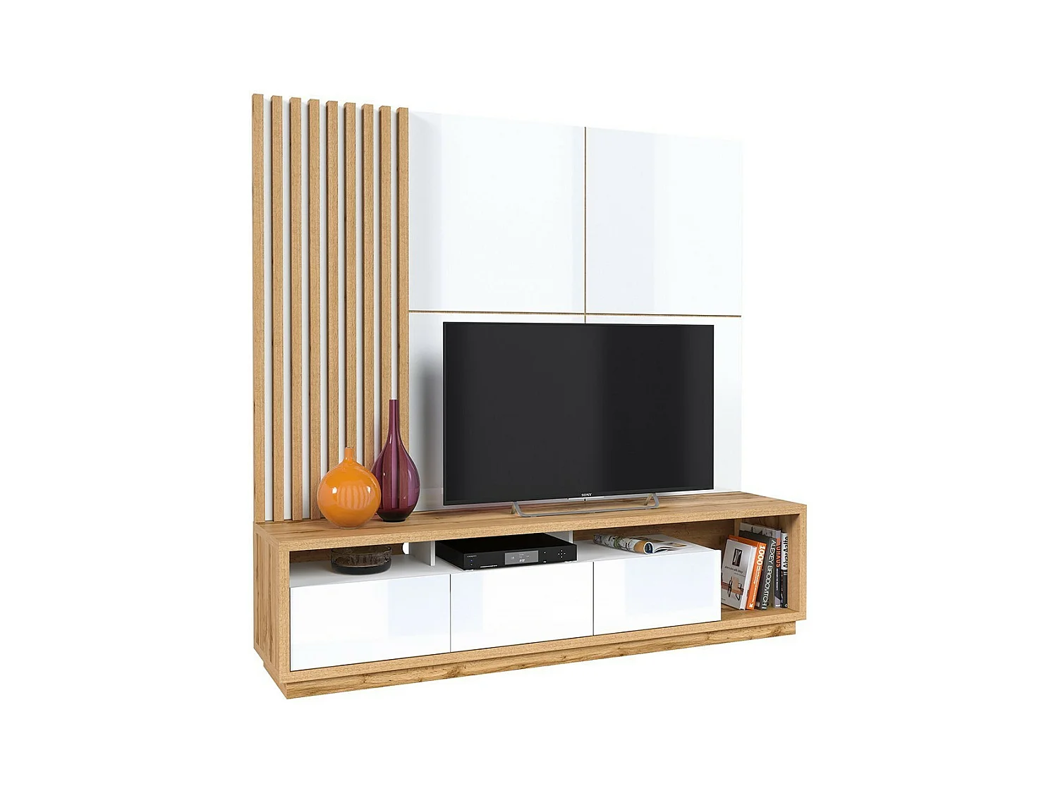Meuble TV XL avec fond mural décoratif collection CLARA. Couleur chêne et blanc brillant.
