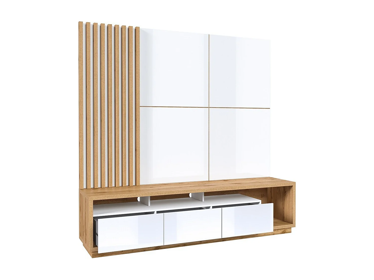 Mueble para TV XL con fondo mural decorativo colección CLARA. Color roble y blanco brillante.