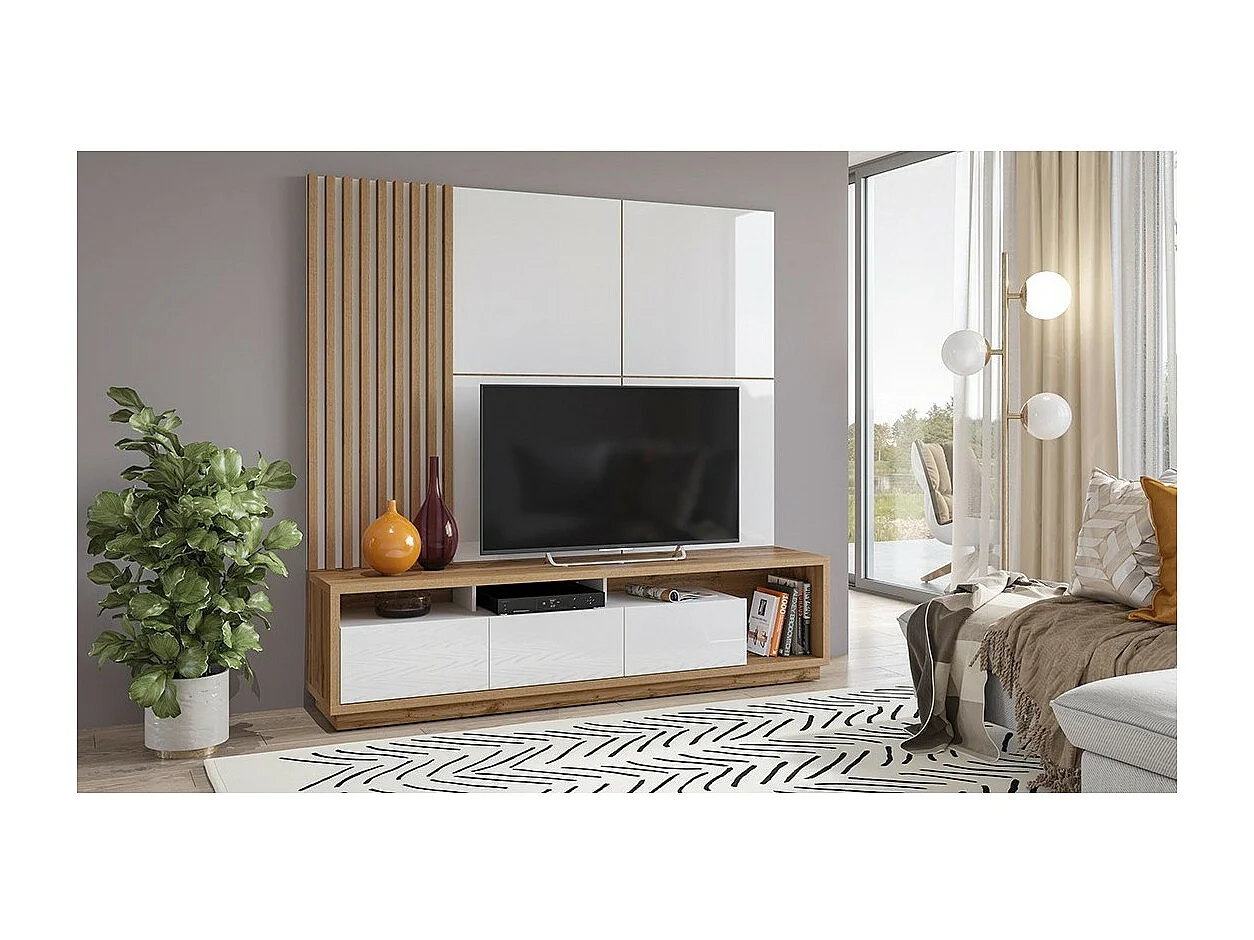 Mueble para TV XL con fondo mural decorativo colección CLARA. Color roble y blanco brillante.