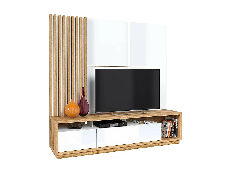 Mobile TV XL con pannello decorativo da parete collezione CLARA. Colore rovere e bianco lucido.