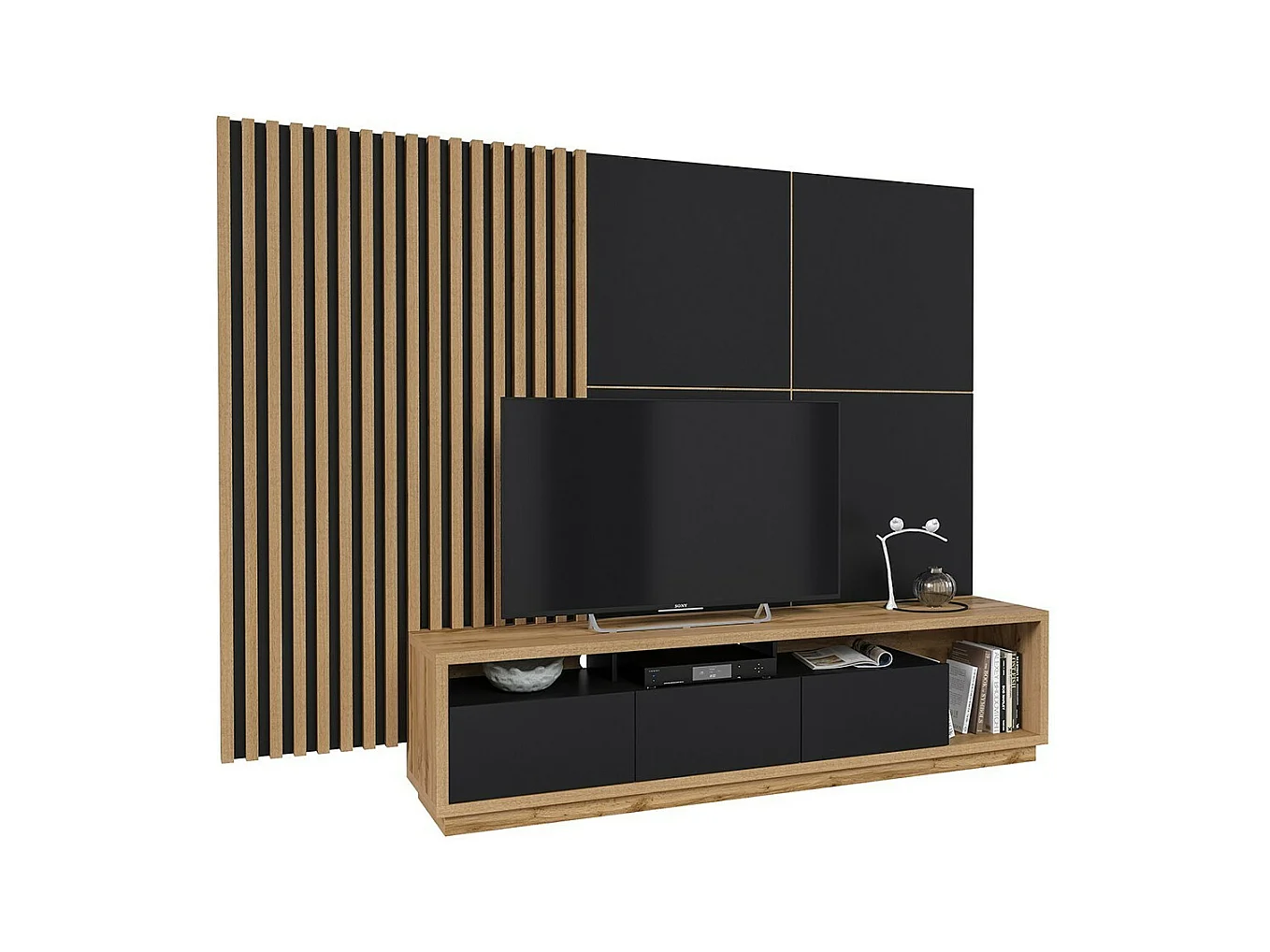 Meuble TV XL avec fond mural décoratif XL collection CLARA. Couleur chêne et noir mat.