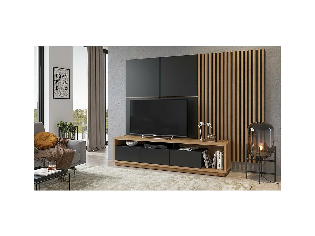 Meuble TV XL avec fond mural décoratif XL collection CLARA. Couleur chêne et noir mat.
