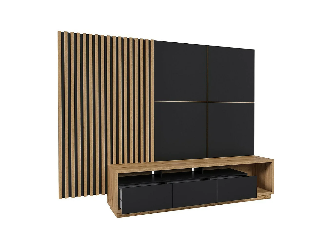 Meuble TV XL avec fond mural décoratif XL collection CLARA. Couleur chêne et noir mat.