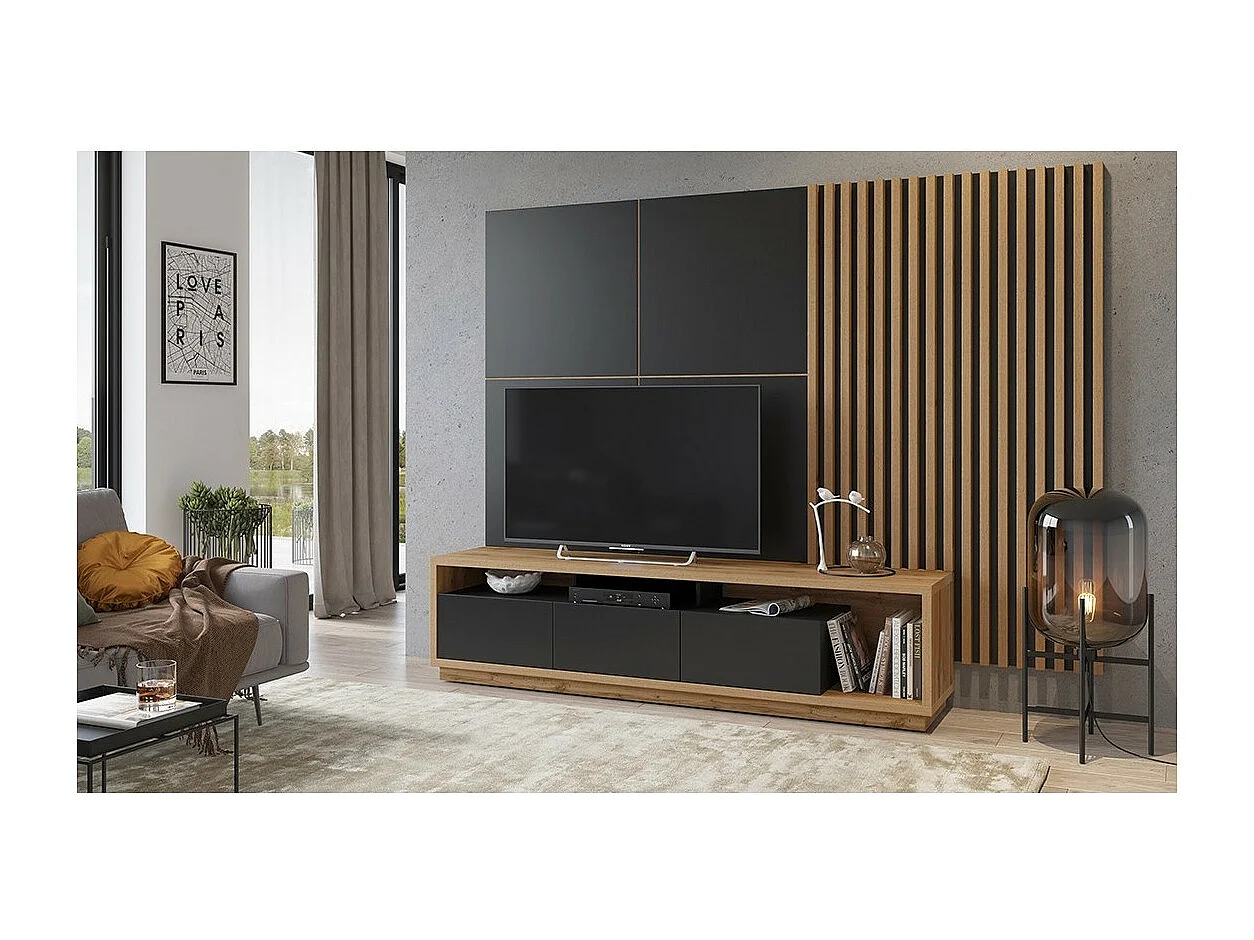 XL TV-meubel met decoratieve XL achterwand uit de CLARA collectie. Kleur: eiken en matzwart.
