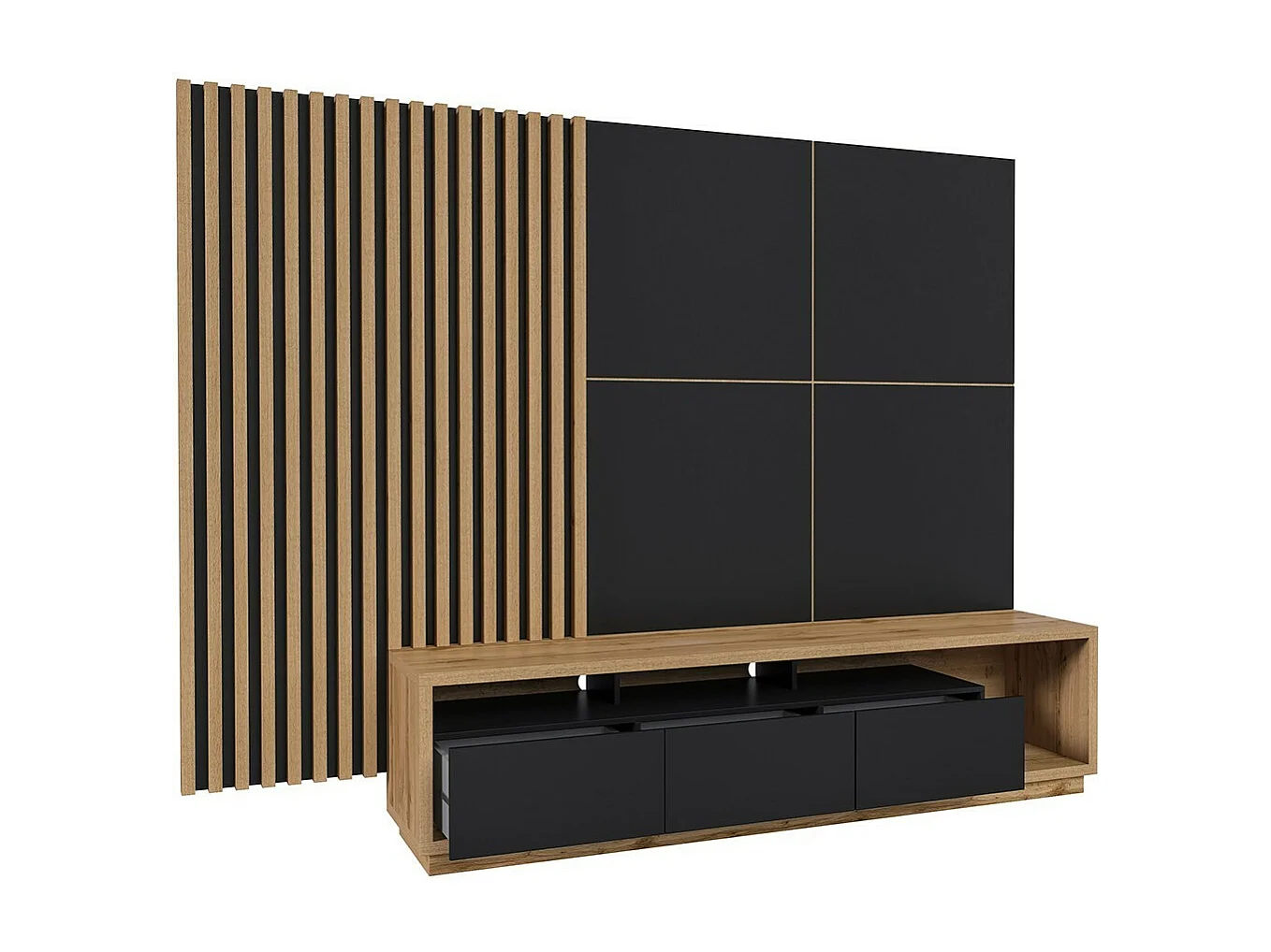 XL TV-meubel met decoratieve XL achterwand uit de CLARA collectie. Kleur: eiken en matzwart.