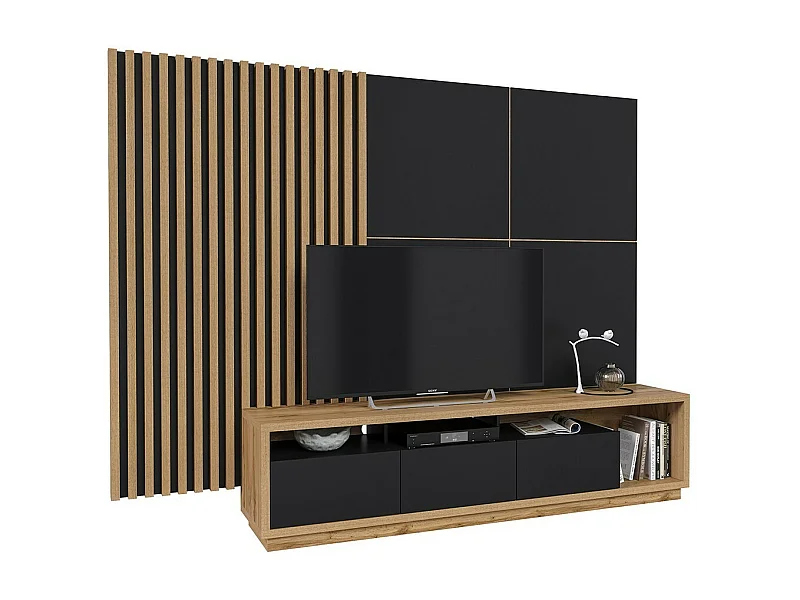 Meuble TV XL avec fond mural décoratif XL collection CLARA. Couleur chêne et noir mat.