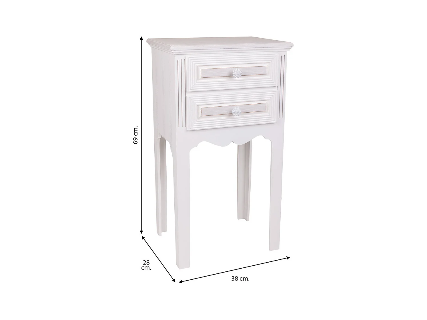 Mesita de noche de madera de 2 cajones blanco 38x28x69