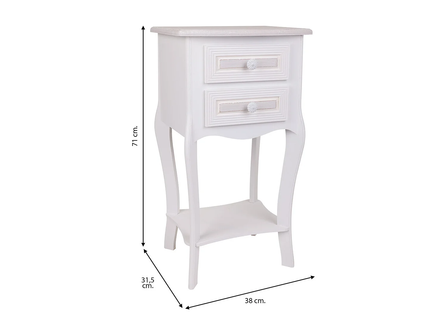 Mesa de cabeceira de madeira com 2 gavetas branca 38x31,5x71