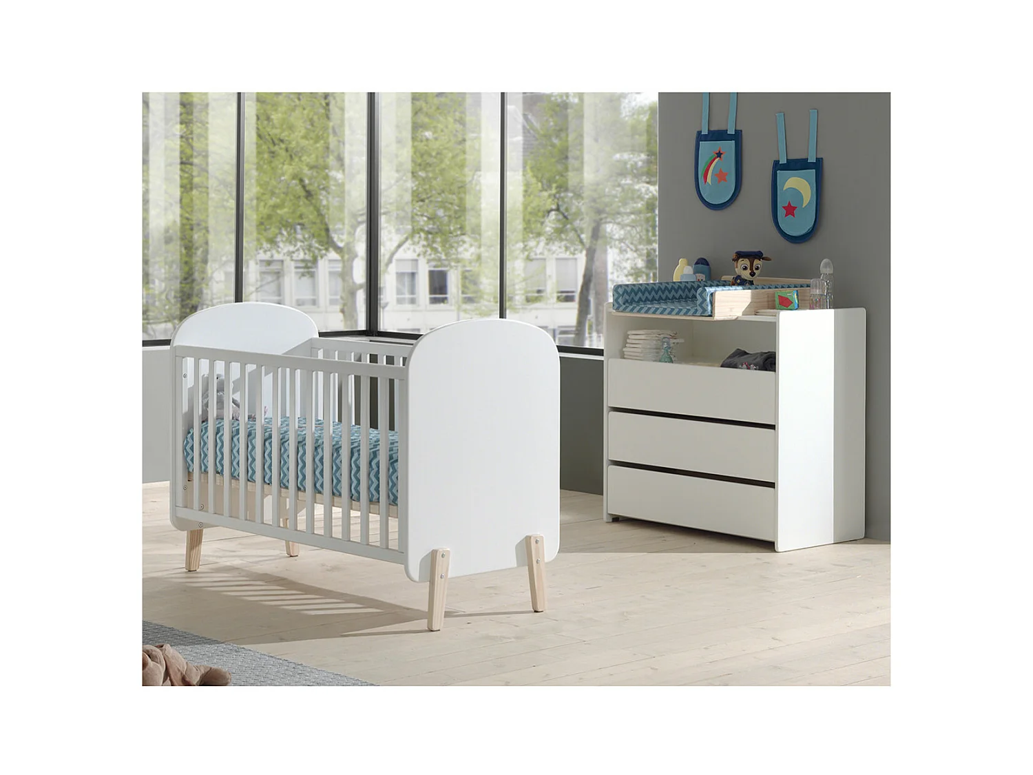 BODHI WHITE - Lit Bébé 60x120cm + Pack Commode
