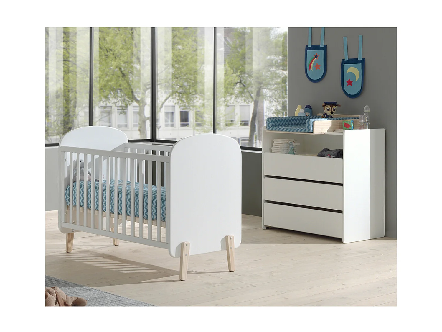 BODHI WHITE - Lit Bébé 60x120cm + Pack Commode