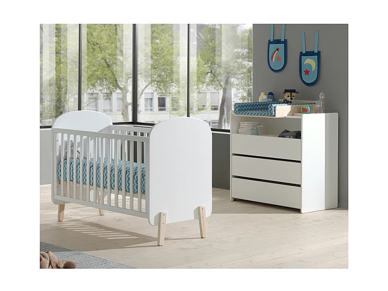 BODHI WHITE - Lit Bébé 60x120cm + Pack Commode