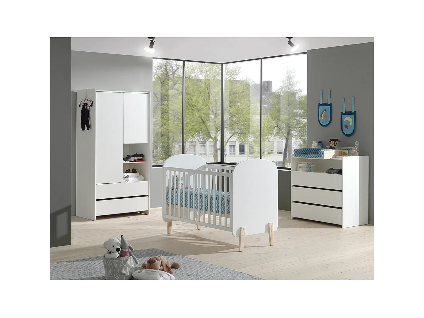 BODHI WHITE - Lit Bébé 60x120cm + Pack Commode + Armoire 2P
