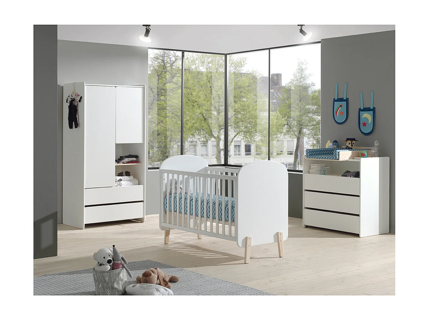 BODHI WHITE - Lit Bébé 60x120cm + Pack Commode + Armoire 2P