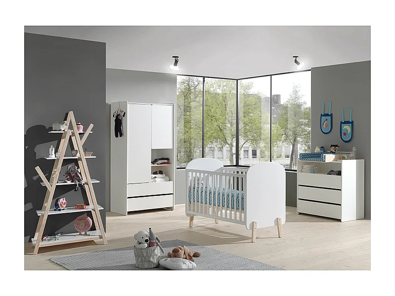 BODHI WHITE - Lit Bébé 60x120cm + Pack Commode + Armoire 2P + Etagère