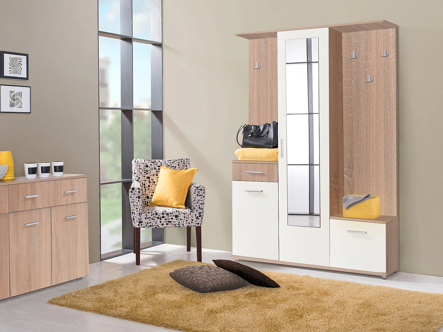 Vestiaire avec 3 portes, 1 tiroir et 1 miroir - Naturel et blanc - CAMOLA